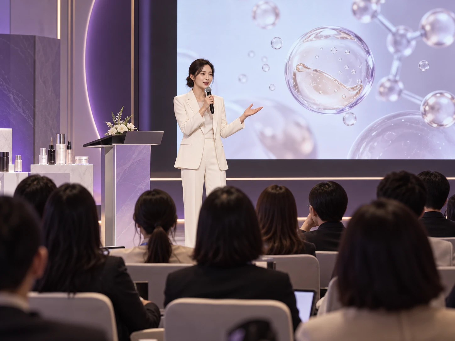 브랜드 오픈렉처를 표현한 AI 생성 이미지: 연사가 제품을 설명하고 청중이 강연을 듣는 장면